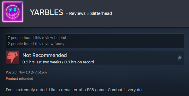 Screenshot showing a Steam user review of Slitterhead.